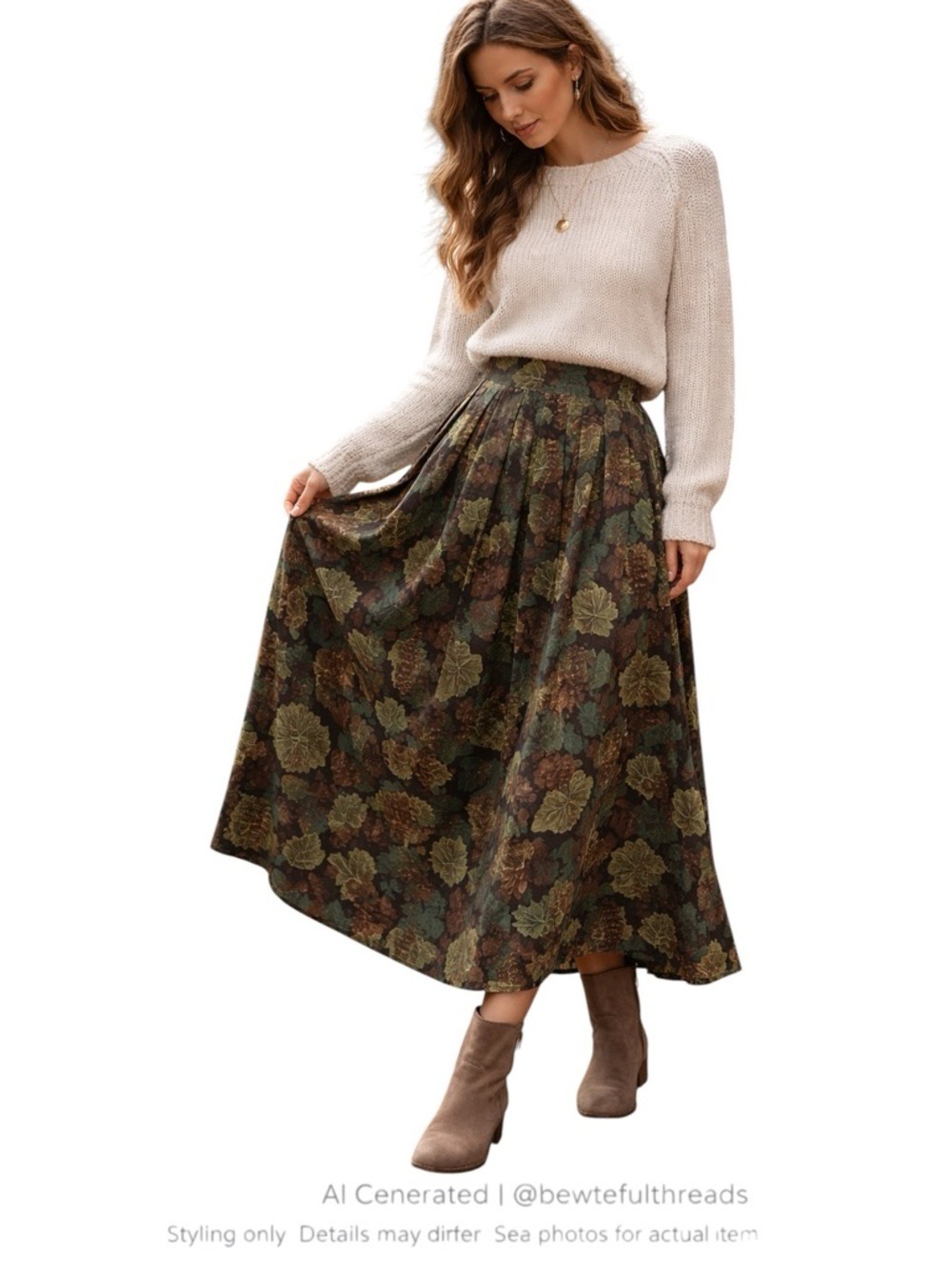 Cottagecore Fall Maxi Skirt Forest Botanical Print XS S High Waist